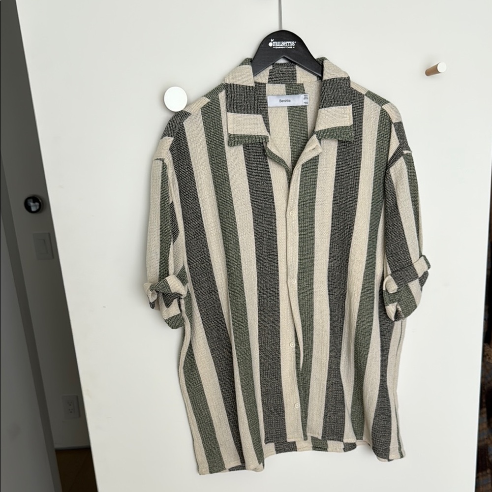 Bershka Green and Cream Striped Shirt
